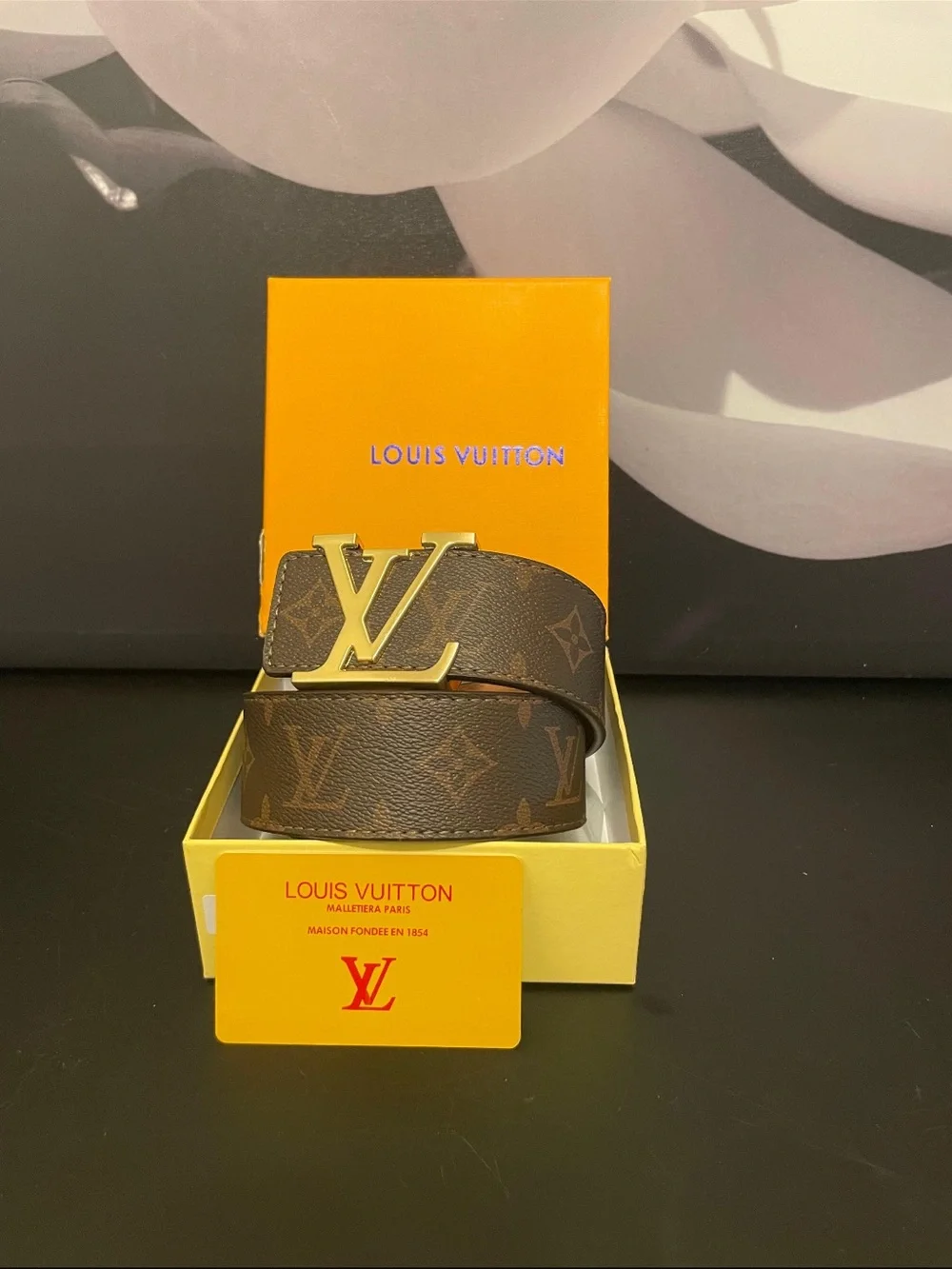 Louis Vuitton Brown Monogram Belt with Gold LV Buckle
